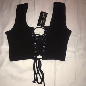 Black Crop Lace Up Top